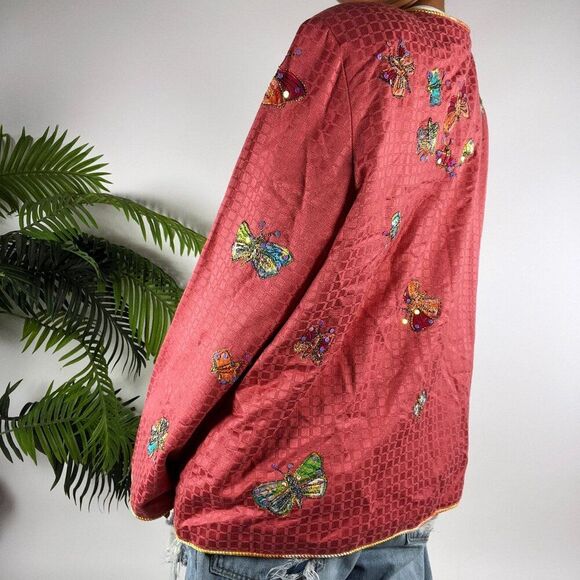 Vintage 90s Indigo Moon Pink Embroidered Butterfly Bohemian Oversized Jacket / L - Picture 2 of 6